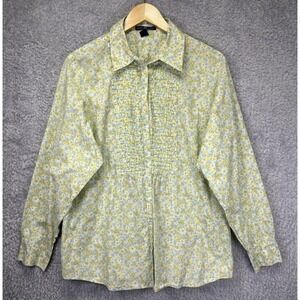 Gap Women XL Vintage Floral Print Button Up Top Pintuck Yellow Blue Boho Peasant